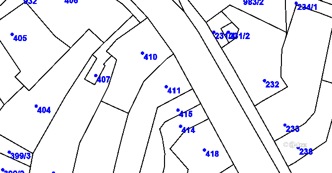 Parcela st. 411 v KÚ Ostrovačice, Katastrální mapa