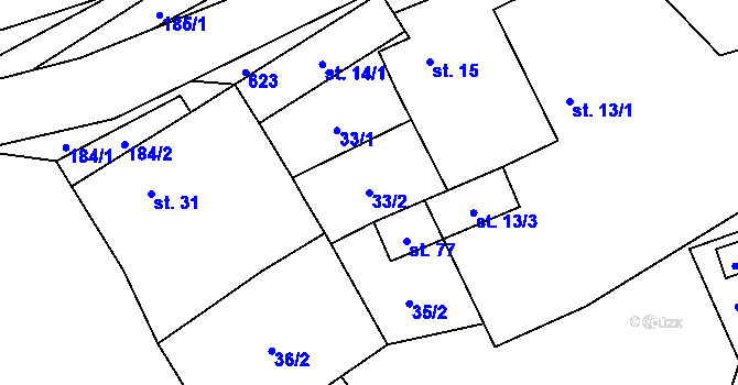 Parcela st. 33/2 v KÚ Ostrovec u Terešova, Katastrální mapa