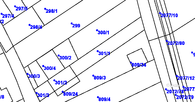 Parcela st. 301/1 v KÚ Chylice, Katastrální mapa
