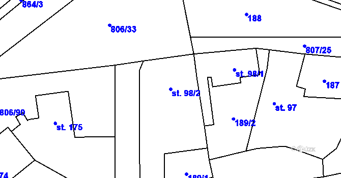 Parcela st. 98/2 v KÚ Ostřešany, Katastrální mapa