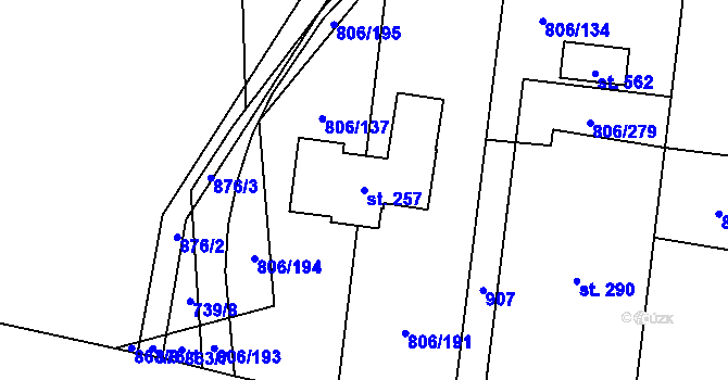 Parcela st. 257 v KÚ Ostřešany, Katastrální mapa