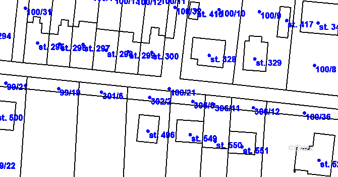 Parcela st. 100/21 v KÚ Ostřešany, Katastrální mapa