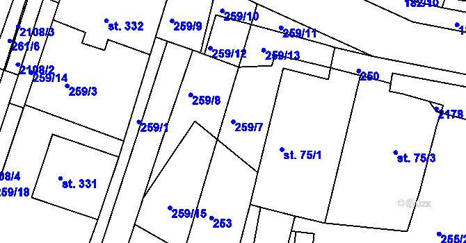Parcela st. 259/7 v KÚ Ostřetín, Katastrální mapa