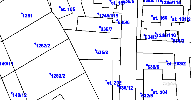 Parcela st. 635/8 v KÚ Otinoves, Katastrální mapa