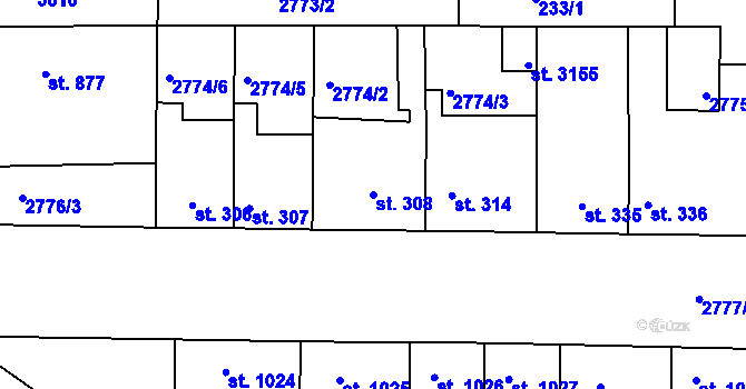 Parcela st. 308 v KÚ Otrokovice, Katastrální mapa