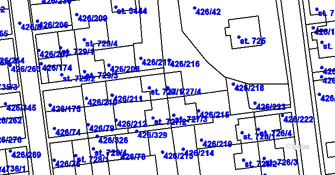 Parcela st. 727/4 v KÚ Otrokovice, Katastrální mapa