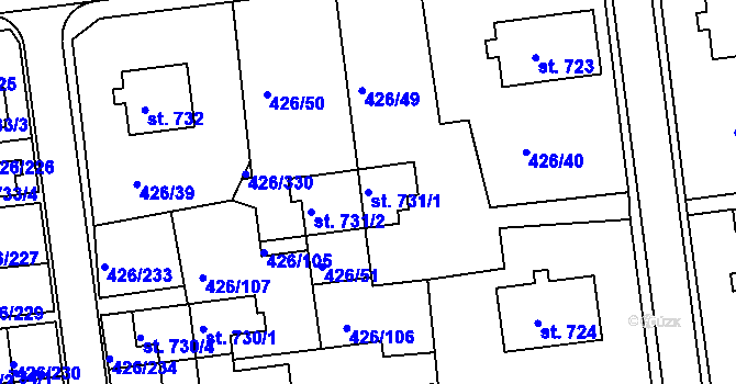 Parcela st. 731/1 v KÚ Otrokovice, Katastrální mapa
