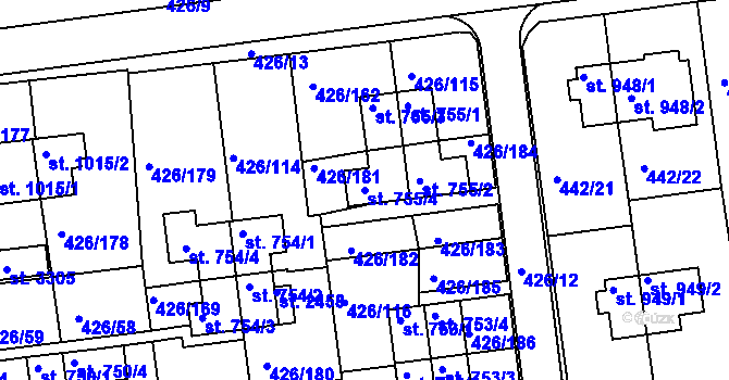 Parcela st. 755/4 v KÚ Otrokovice, Katastrální mapa