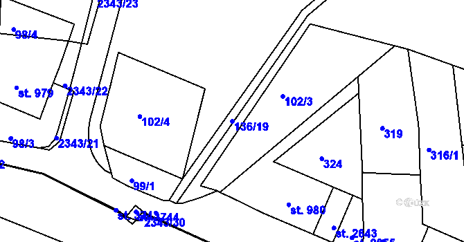 Parcela st. 136/19 v KÚ Otrokovice, Katastrální mapa