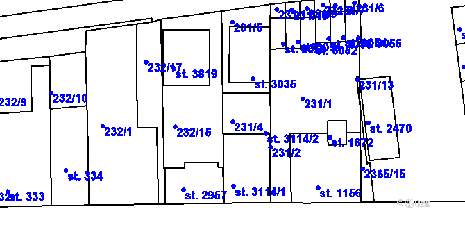 Parcela st. 231/4 v KÚ Otrokovice, Katastrální mapa