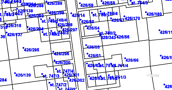 Parcela st. 426/55 v KÚ Otrokovice, Katastrální mapa