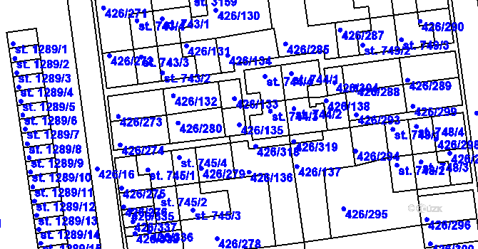 Parcela st. 426/135 v KÚ Otrokovice, Katastrální mapa