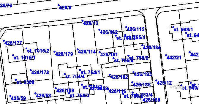 Parcela st. 426/181 v KÚ Otrokovice, Katastrální mapa
