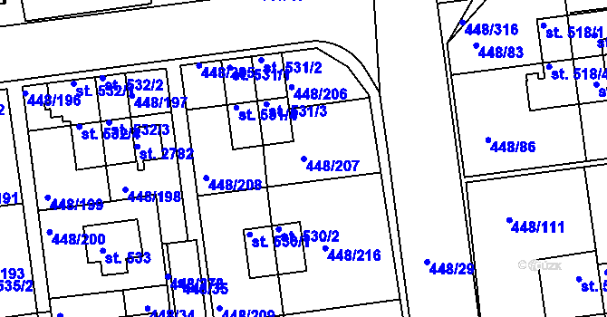 Parcela st. 448/207 v KÚ Otrokovice, Katastrální mapa