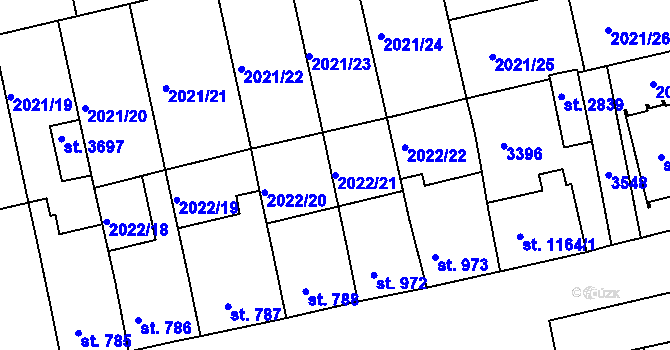 Parcela st. 2022/21 v KÚ Otrokovice, Katastrální mapa