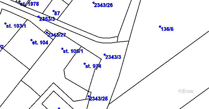 Parcela st. 2343/3 v KÚ Otrokovice, Katastrální mapa