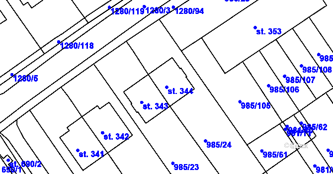 Parcela st. 344 v KÚ Kvítkovice u Otrokovic, Katastrální mapa