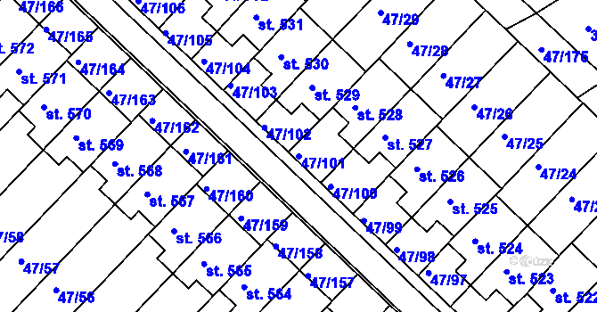 Parcela st. 47/101 v KÚ Kvítkovice u Otrokovic, Katastrální mapa