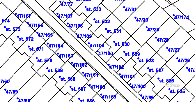 Parcela st. 47/103 v KÚ Kvítkovice u Otrokovic, Katastrální mapa