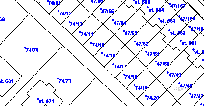 Parcela st. 74/16 v KÚ Kvítkovice u Otrokovic, Katastrální mapa
