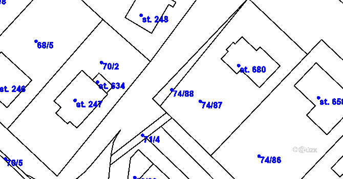 Parcela st. 74/88 v KÚ Kvítkovice u Otrokovic, Katastrální mapa