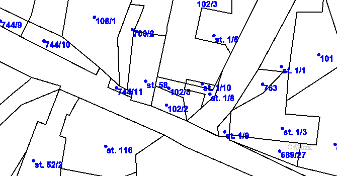 Parcela st. 102/5 v KÚ Podveky, Katastrální mapa