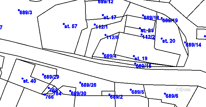 Parcela st. 689/4 v KÚ Podveky, Katastrální mapa
