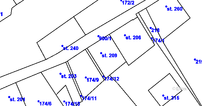 Parcela st. 209 v KÚ Otvovice, Katastrální mapa