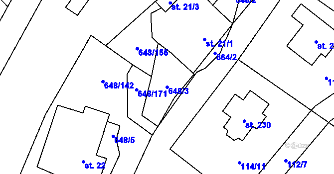 Parcela st. 648/3 v KÚ Oudoleň, Katastrální mapa