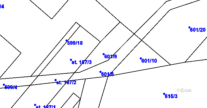 Parcela st. 601/9 v KÚ Oudoleň, Katastrální mapa