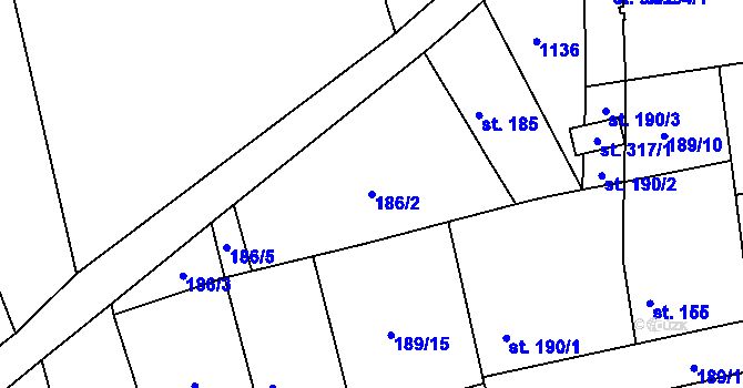 Parcela st. 186/2 v KÚ Ovčáry u Dřís, Katastrální mapa