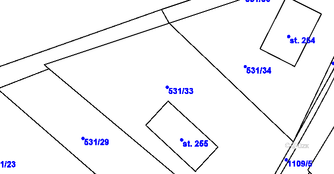 Parcela st. 531/33 v KÚ Ovčáry u Dřís, Katastrální mapa