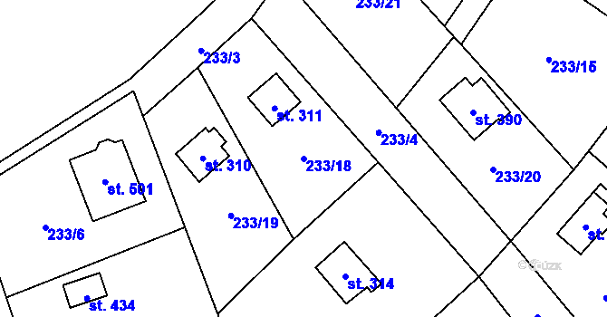 Parcela st. 233/18 v KÚ Pacov u Říčan, Katastrální mapa