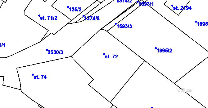 Parcela st. 72 v KÚ Pacov, Katastrální mapa
