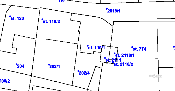 Parcela st. 119/1 v KÚ Pacov, Katastrální mapa