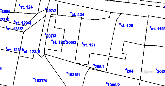 Parcela st. 121 v KÚ Pacov, Katastrální mapa