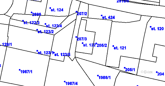 Parcela st. 122 v KÚ Pacov, Katastrální mapa