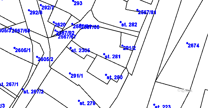Parcela st. 281 v KÚ Pacov, Katastrální mapa
