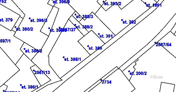 Parcela st. 389 v KÚ Pacov, Katastrální mapa