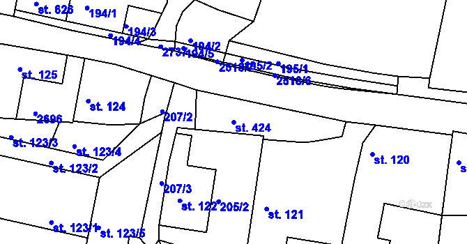 Parcela st. 424 v KÚ Pacov, Katastrální mapa