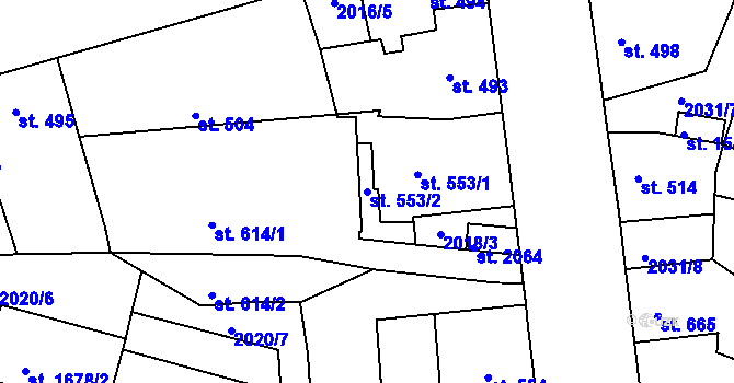 Parcela st. 553/2 v KÚ Pacov, Katastrální mapa