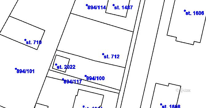 Parcela st. 712 v KÚ Pacov, Katastrální mapa