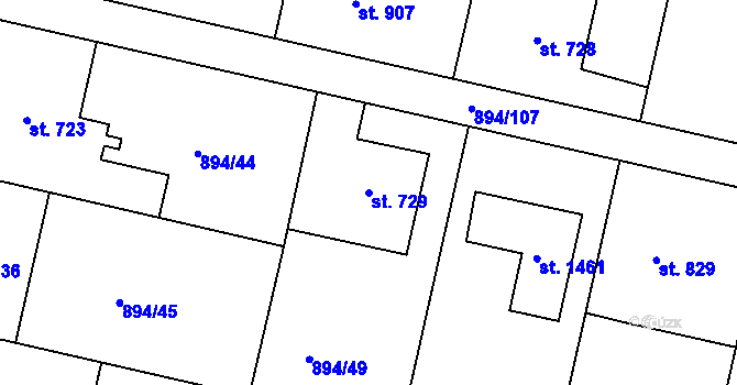 Parcela st. 729 v KÚ Pacov, Katastrální mapa