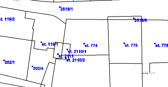 Parcela st. 774 v KÚ Pacov, Katastrální mapa