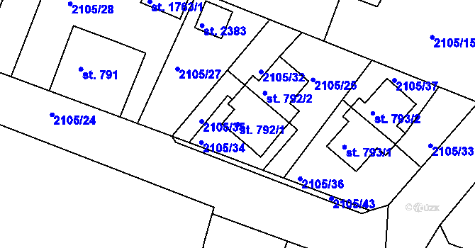 Parcela st. 792/1 v KÚ Pacov, Katastrální mapa