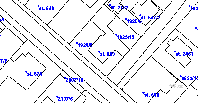 Parcela st. 809 v KÚ Pacov, Katastrální mapa