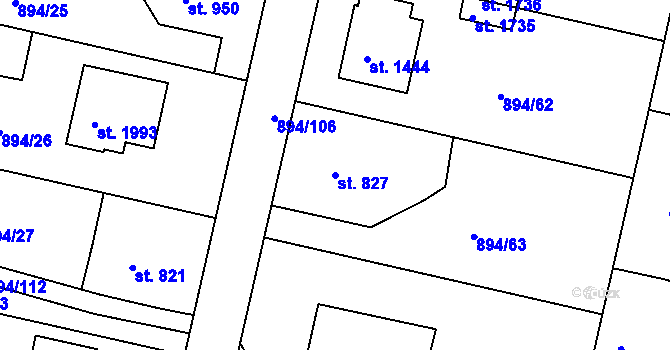 Parcela st. 827 v KÚ Pacov, Katastrální mapa
