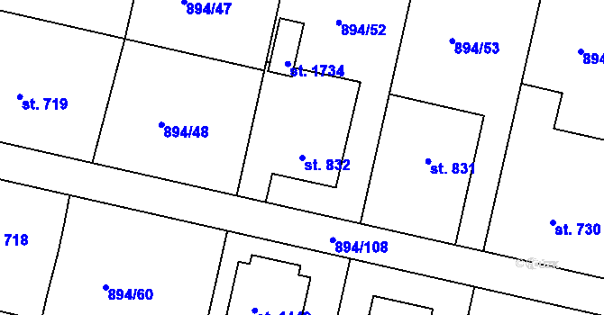 Parcela st. 832 v KÚ Pacov, Katastrální mapa
