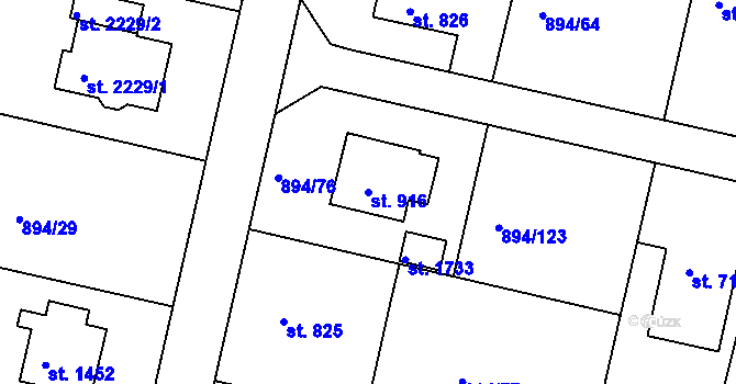 Parcela st. 916 v KÚ Pacov, Katastrální mapa
