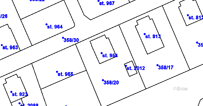 Parcela st. 954 v KÚ Pacov, Katastrální mapa